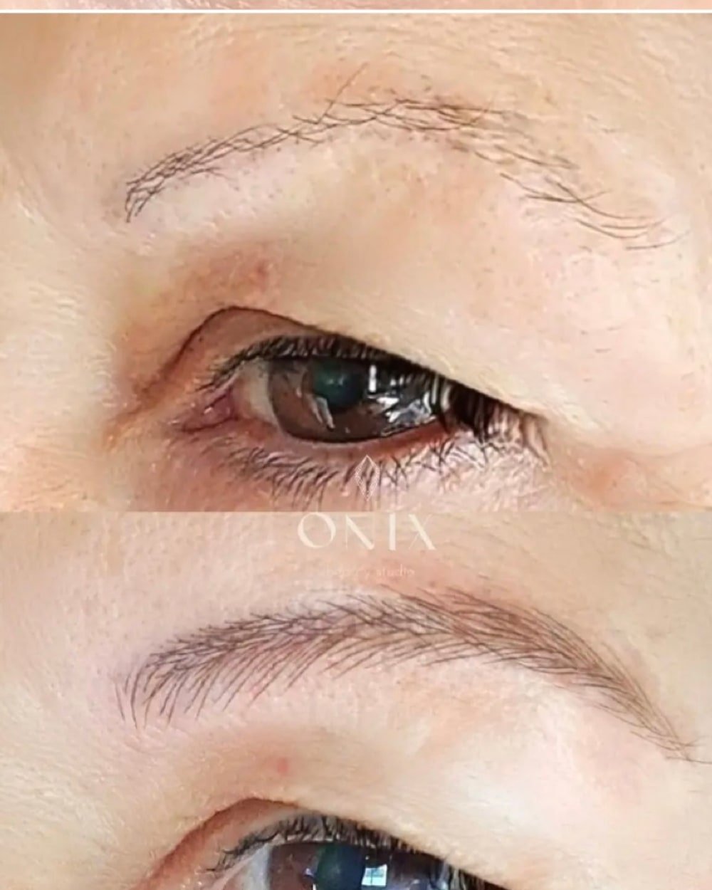 Detalle antes y después de cejas con técnica pelo a pelo